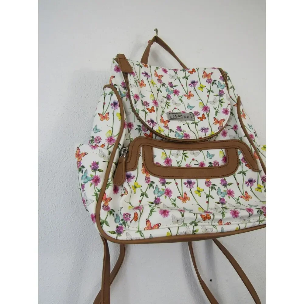 Multisac Major Backpack Floral Butterflies White Brown Multi Pocketed Adjustable
